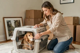 Femme préparant son chien golden retriever dans une caisse de transport lors d'un déménagement, entourée de cartons dans un salon
