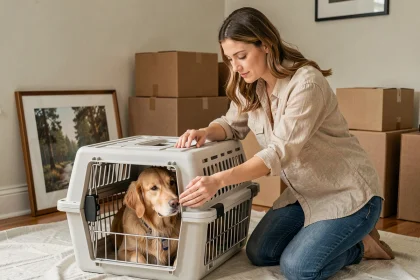 Femme préparant son chien golden retriever dans une caisse de transport lors d'un déménagement, entourée de cartons dans un salon