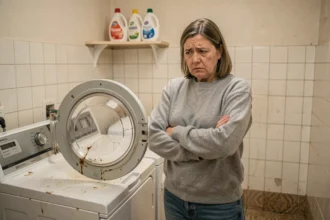 Femme déçue devant un lave-linge de mauvaise qualité avec des traces de rouille et un joint abîmé dans une buanderie domestique
