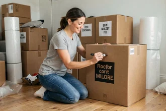 Femme étiquetant un carton de déménagement avec un marqueur noir dans un salon en cours de déménagement