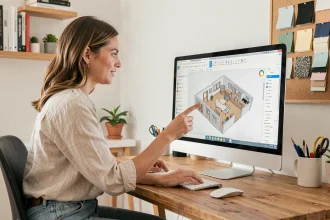 Femme utilisant un logiciel d'aménagement intérieur sur ordinateur dans un bureau à domicile