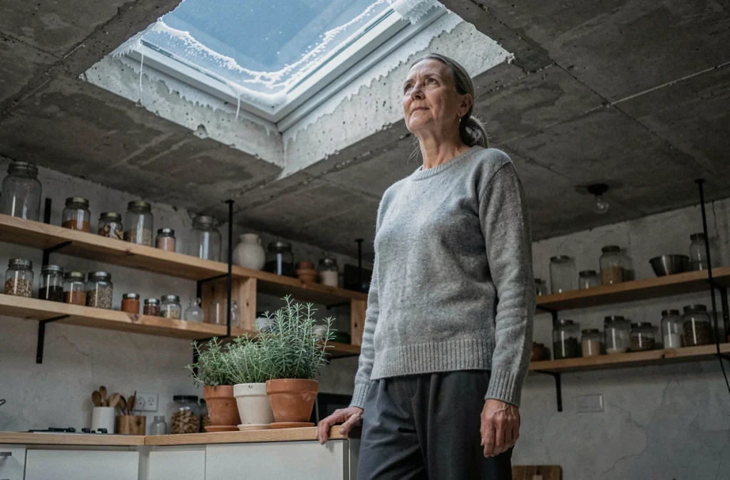 Femme contemplant la lumière hivernale sous une verrière dans une cuisine de loft en béton et bois