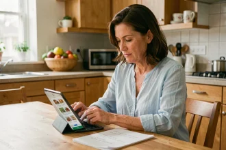 Femme préparant sa liste de courses en ligne pour une livraison Carrefour à domicile sur une tablette
