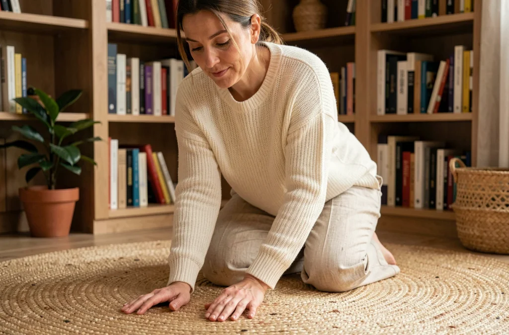 Femme touchant la texture d'un tapis en herbe de mer dans un coin lecture chaleureux