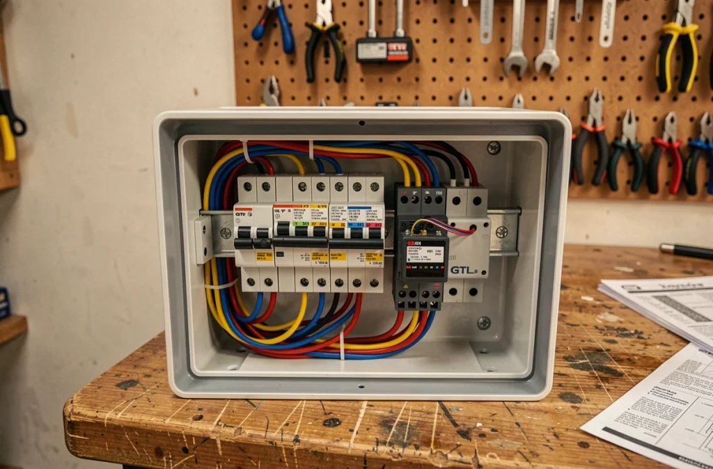 Gros plan d'un coffret GTL ouvert avec disjoncteurs, gaines de câbles et module domotique sur un établi d'atelier d'électricien