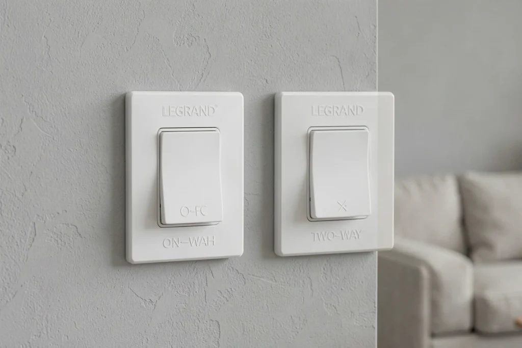 Gros plan sur deux interrupteurs Legrand côte à côte, simple allumage et va-et-vient, sur un mur gris clair dans un salon moderne