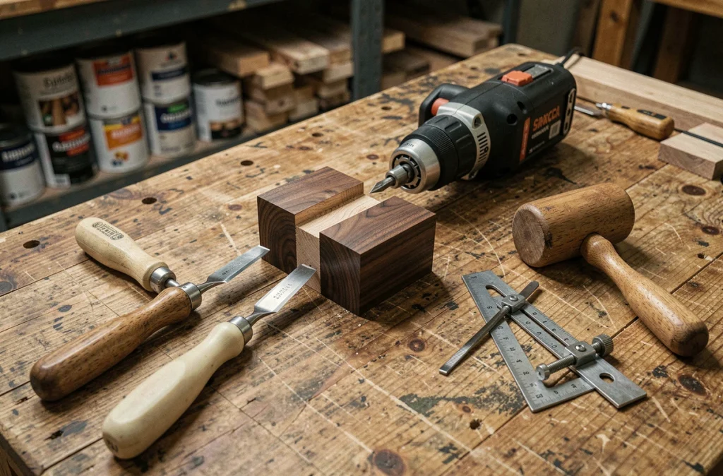 Gros plan d'un assemblage tenon-mortaise en noyer avec outils de menuiserie traditionnels et électroportatifs posés sur un établi