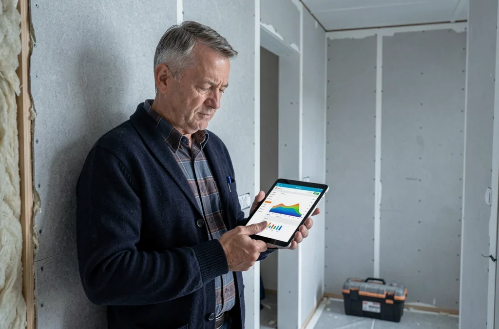 Homme consultant un audit énergétique numérique sur tablette dans un couloir en rénovation