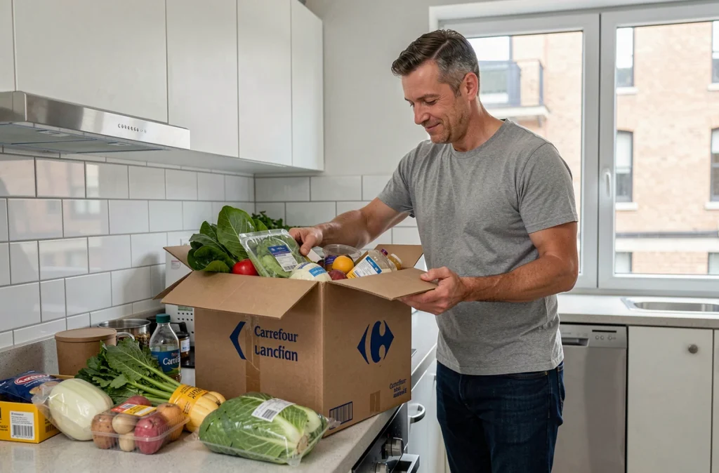 Homme déballant une livraison de courses Carrefour à domicile avec des produits frais et emballés sur le comptoir