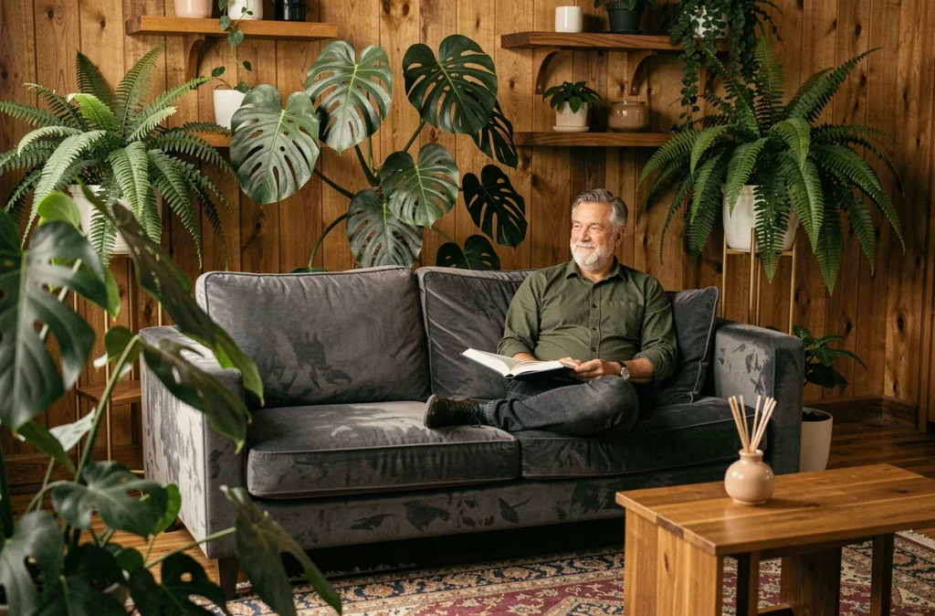 Homme détendant sur un canapé velours entouré de plantes dépolluantes monstera et fougère dans un salon cosy et chaleureux
