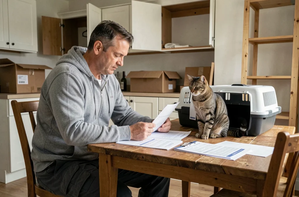 Homme consultant les documents administratifs et le passeport de son chat lors des préparatifs de déménagement dans une cuisine