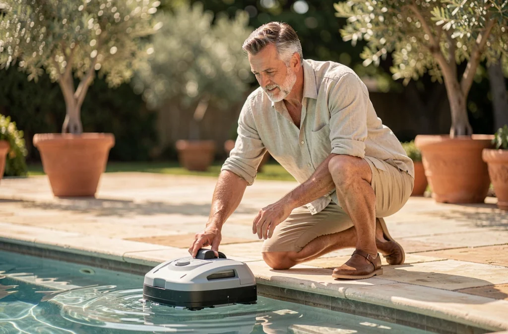 Homme déposant un robot nettoyeur dans une piscine familiale sur une terrasse en pierre naturelle