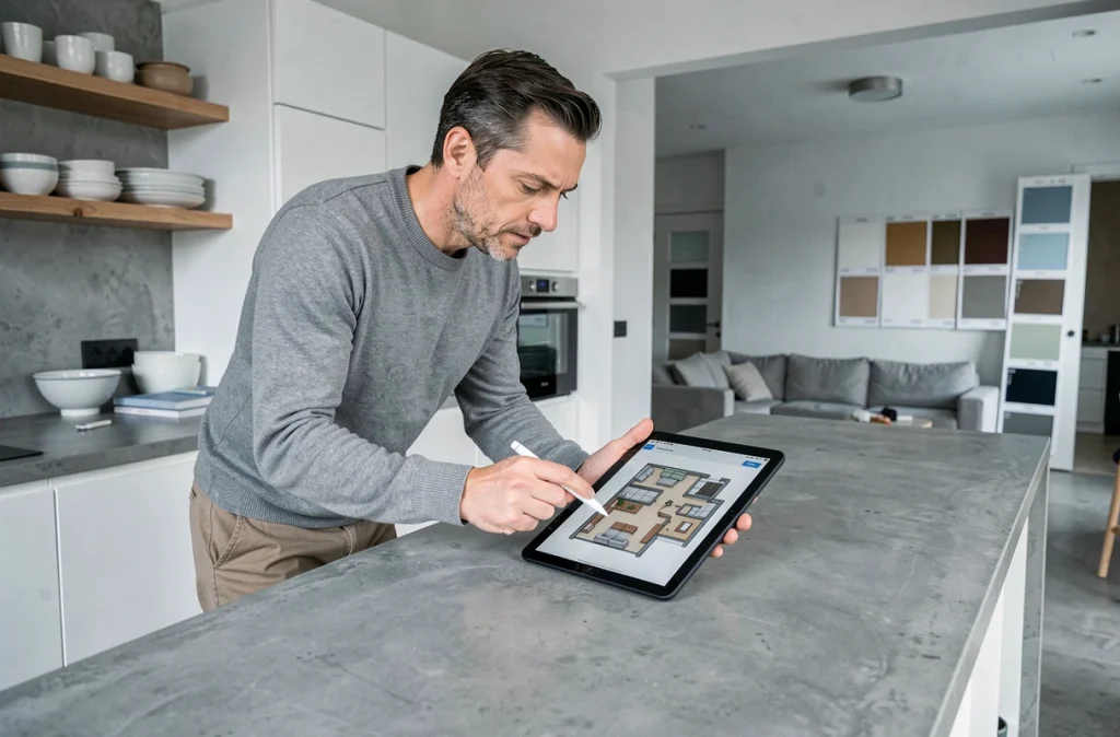 Homme consultant un plan d'aménagement numérique sur tablette dans une cuisine moderne en rénovation