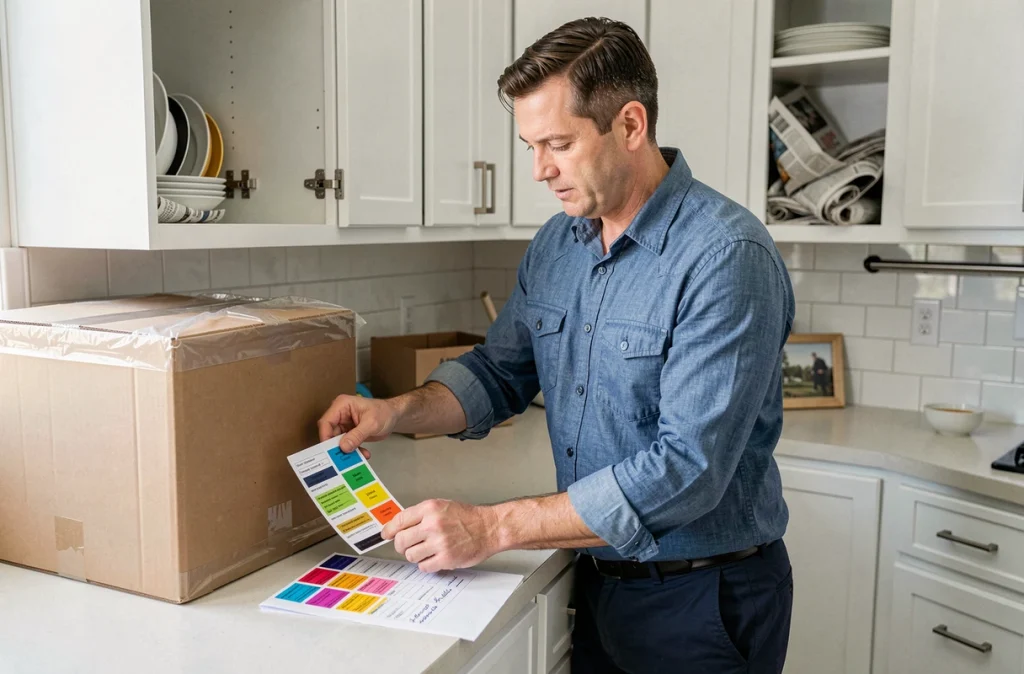 Homme préparant un système d'étiquettes colorées pour organiser les cartons avant un déménagement