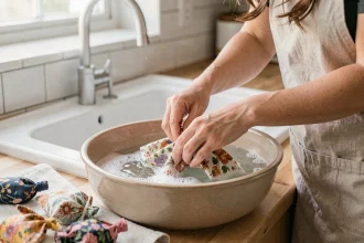 Femme lavant délicatement un sachet en tissu fleuri à la main dans un évier en céramique avec de l'eau savonneuse