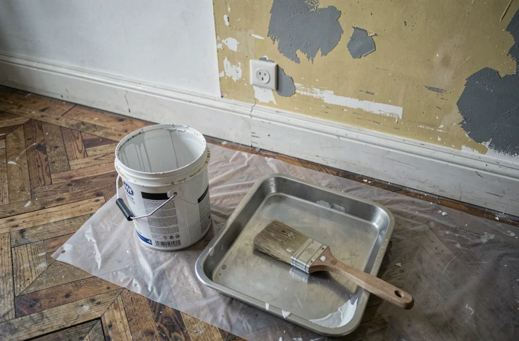 Matériel de peinture professionnelle posé sur une bâche de protection dans un appartement ancien avec parquet en point de Hongrie