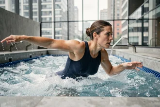 Femme nageant à contre-courant dans un bassin urbain compact avec vue sur des bâtiments citadins