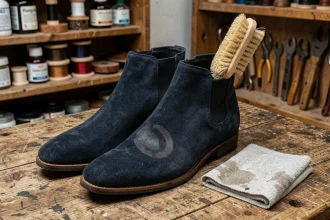 Bottes en daim foncé posées sur un établi de cordonnier avec un chiffon humide et une brosse à daim pour nettoyer une tache