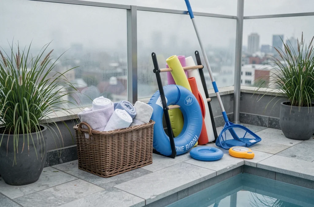 Organisation des accessoires de piscine en été : panier de serviettes, épuisette, brassards et thermomètre flottant au bord d'une piscine urbaine sur rooftop