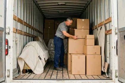 Déménageur professionnel organisant méthodiquement des cartons dans un camion de déménagement