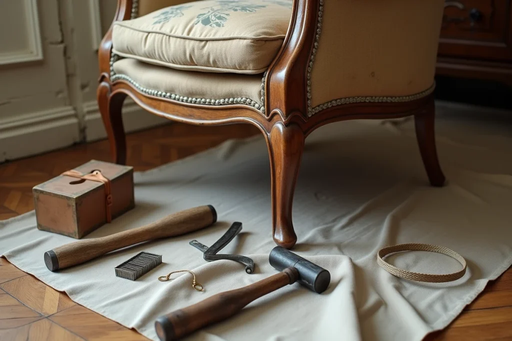 Détail du démontage d'un fauteuil Voltaire ancien avec outils de tapissier sur parquet