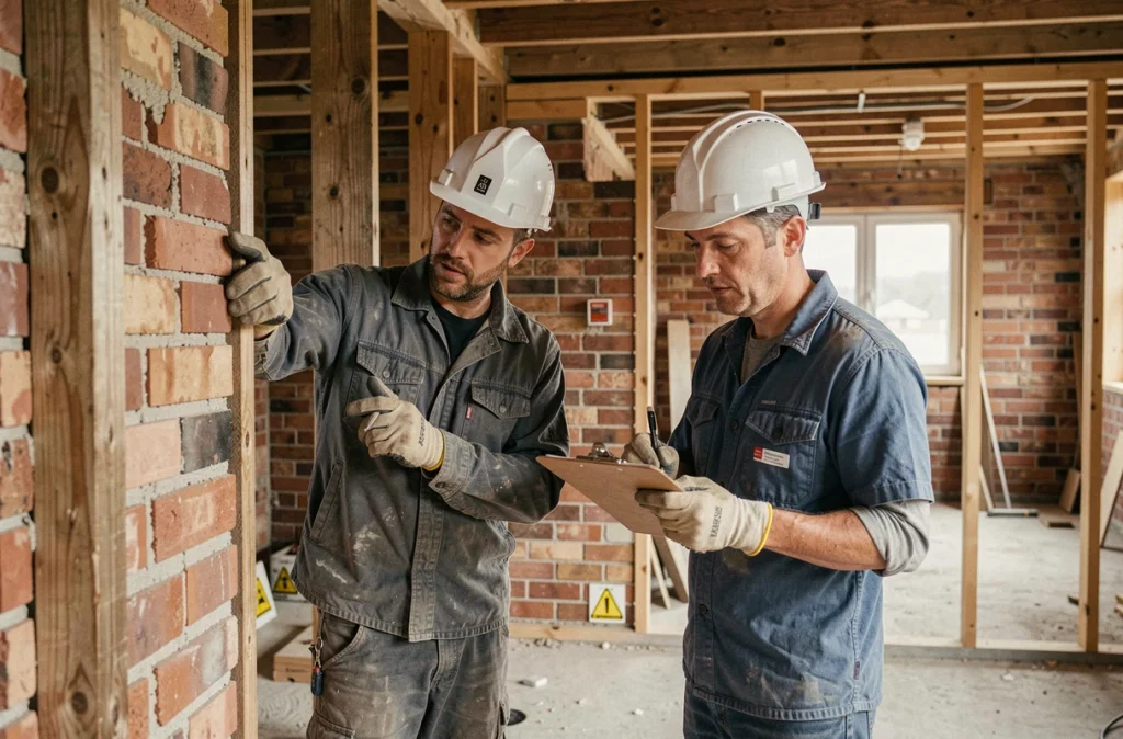 Deux ouvriers inspectant une structure murale sur un chantier de rénovation avec matériaux et signalétique de sécurité