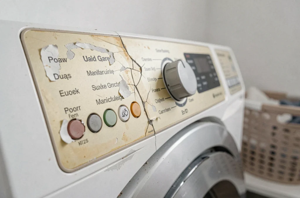 Panneau de commande d'un lave-linge défectueux avec touches effacées, cadran fissuré et plastique jauni témoignant d'une fabrication de mauvaise qualité