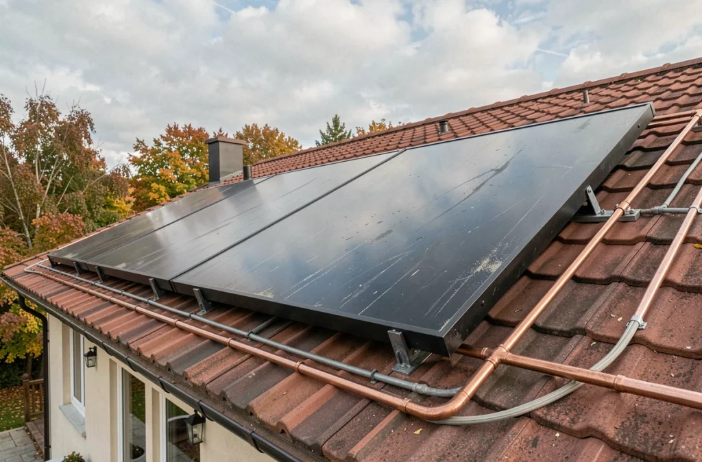 Panneaux solaires thermiques installés sur le toit d'une maison individuelle pour le chauffage d'une piscine privée