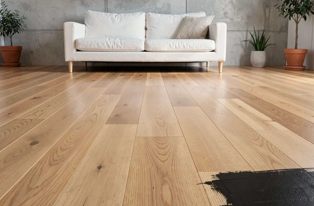 Salon moderne avec parquet en chêne clair à finition mate, montrant le contraste entre zone noircie et parquet restauré