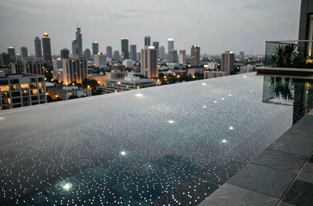 Piscine à débordement sur rooftop urbain au crépuscule avec éclairage fibre optique intégré au fond de bassin créant un effet ciel étoilé sous l'eau
