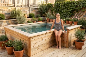 Piscine hors sol en bois installée dans un petit jardin urbain avec terrasse en bois et plantes en pot