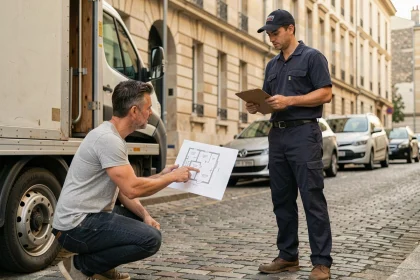 Homme montrant un plan d'accès à un déménageur devant un camion de déménagement dans une rue résidentielle urbaine