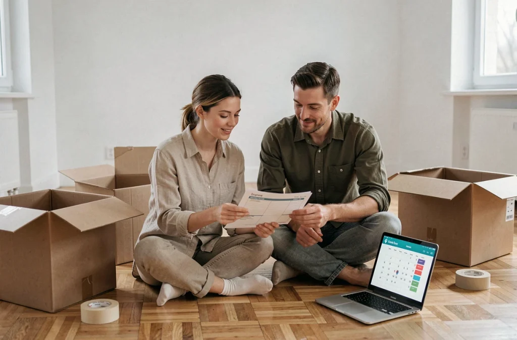 Couple planifiant leur déménagement avec un calendrier et une checklist dans un appartement vide