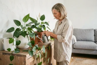 Femme arrosant des plantes dépolluantes dans un salon scandinave lumineux avec pothos et spathiphylle sur un buffet en chêne