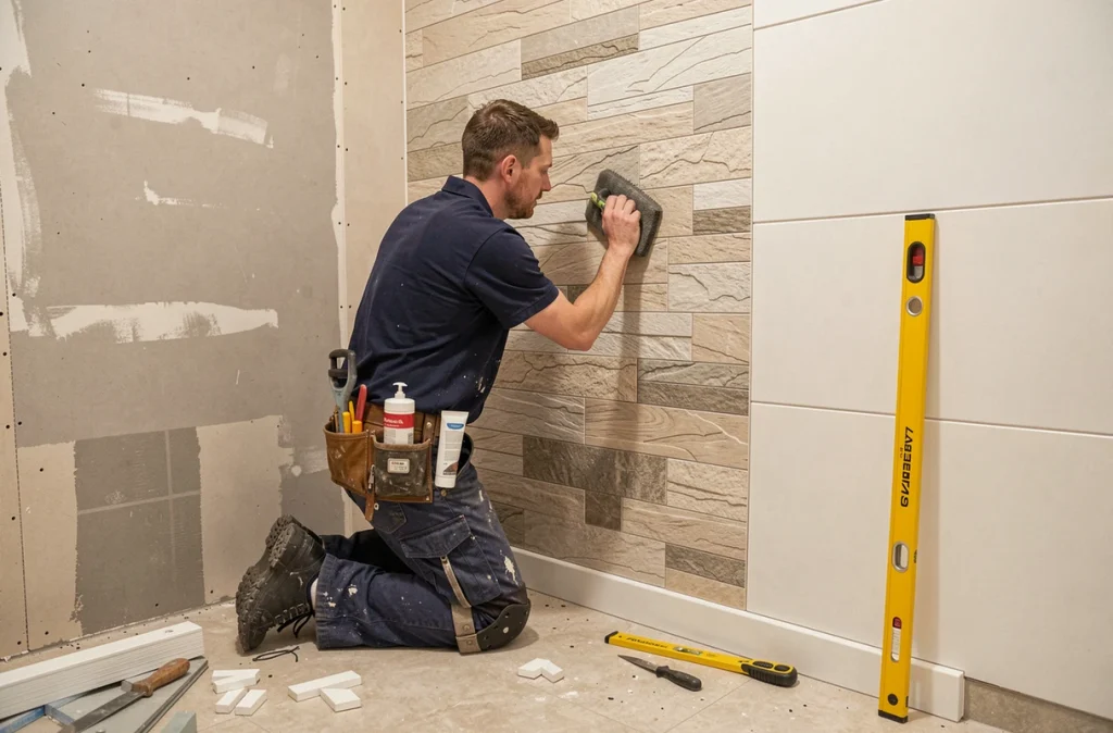 Professionnel posant des dalles PVC effet pierre sur un mur de salle de bain en cours de rénovation avec outils et adhésif waterproof