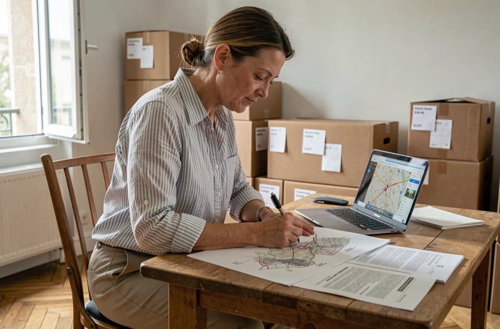 Femme préparant un plan d'accès détaillé pour le déménageur à la table de sa cuisine avec des documents de déménagement
