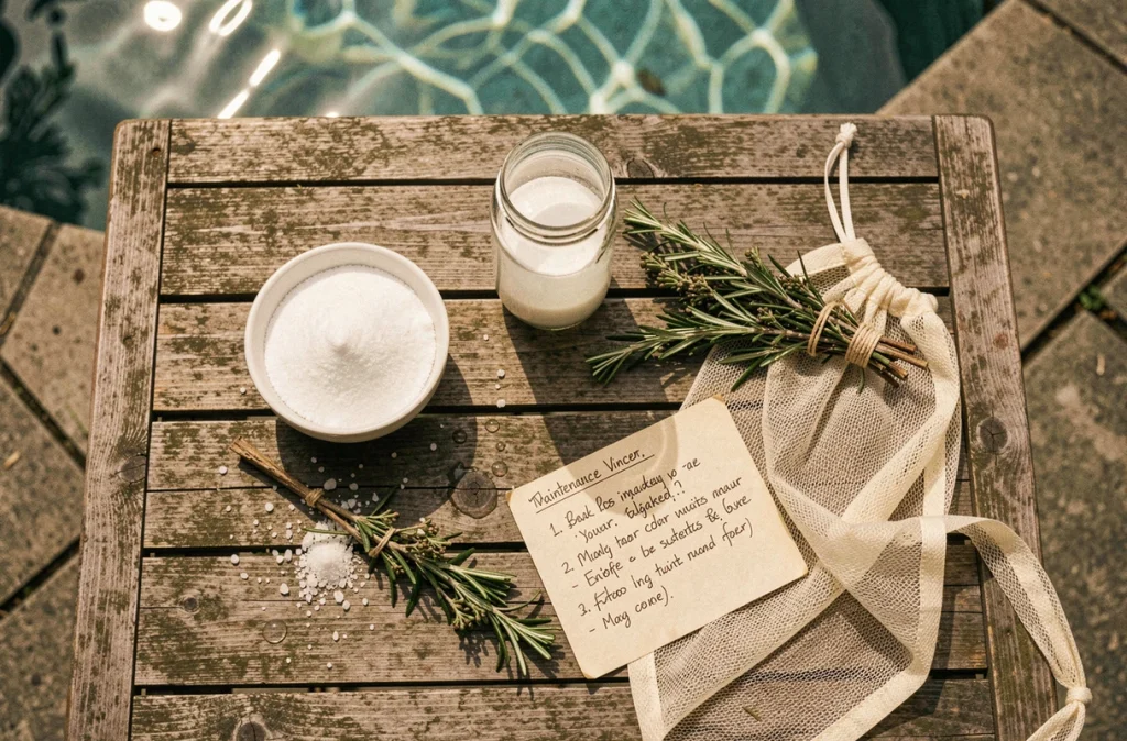 Disposition de produits naturels pour l'entretien de l'eau de piscine sur une table en bois de jardin