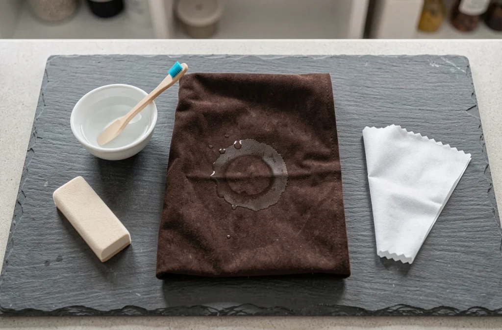 Flat lay d'accessoires pour nettoyer une tache sur une veste en daim foncé, incluant gomme à daim et brosse douce