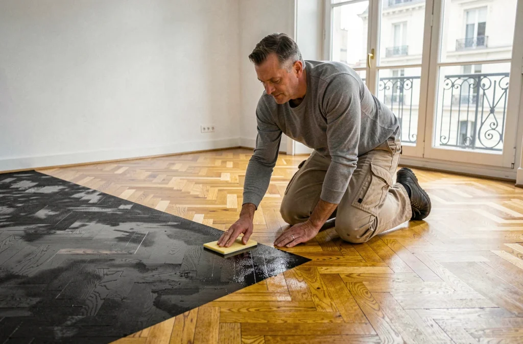 Artisan appliquant une finition huile sur un parquet noirci en cours de restauration dans un appartement rénové