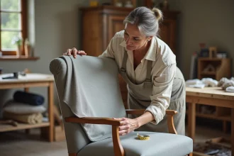 Femme qui retapisse un fauteuil Voltaire en tissu gris chiné dans un atelier de couture DIY