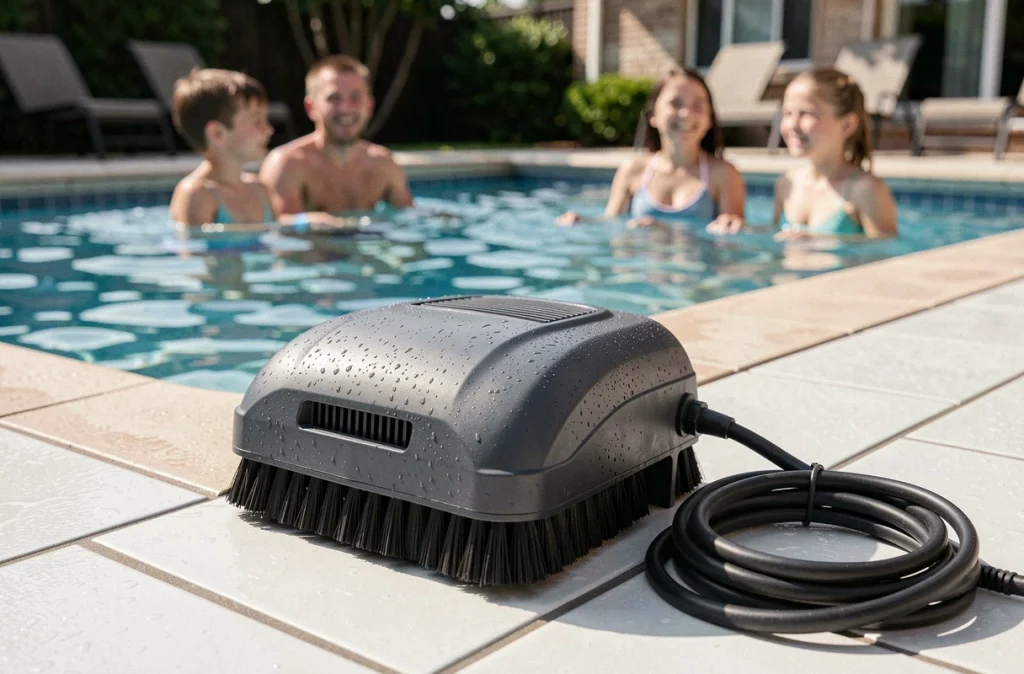 Robot nettoyeur de piscine posé sur le bord avec famille en arrière-plan profitant d'une piscine propre