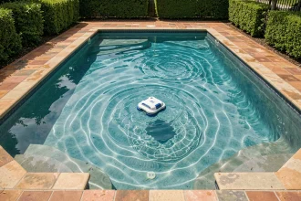 Robot nettoyeur de piscine en action au fond d'une piscine familiale vue de dessus avec eau cristalline