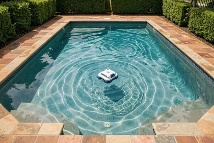 Robot nettoyeur de piscine en action au fond d'une piscine familiale vue de dessus avec eau cristalline
