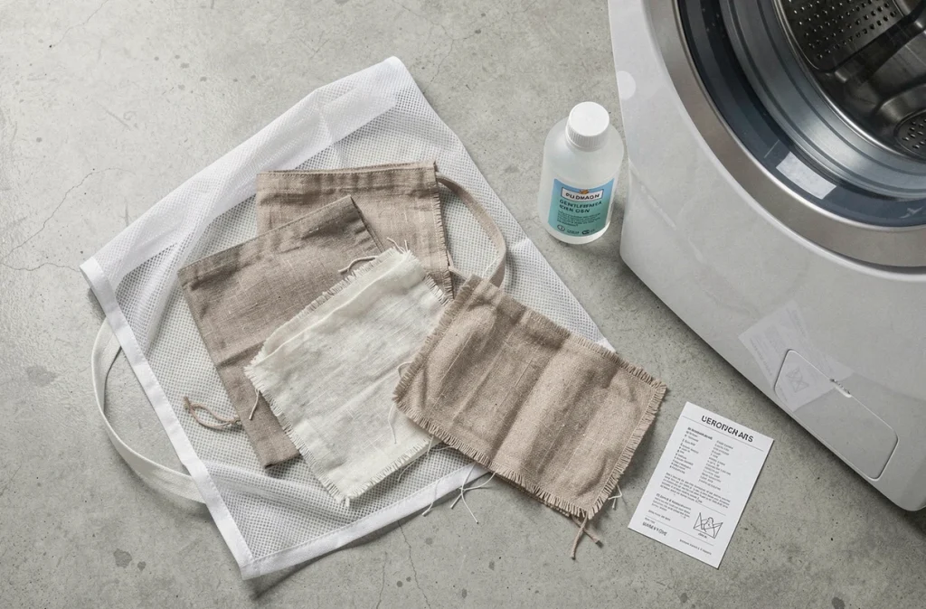 Sachets en tissu de lin et coton posés près d'un filet de lavage et d'un flacon de lessive douce avant le lavage en machine