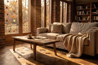 Salon baigné de lumière naturelle automnale avec fenêtres en bois, parquet chêne et canapé en lin, ombres allongées au sol