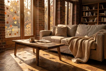 Salon baigné de lumière naturelle automnale avec fenêtres en bois, parquet chêne et canapé en lin, ombres allongées au sol