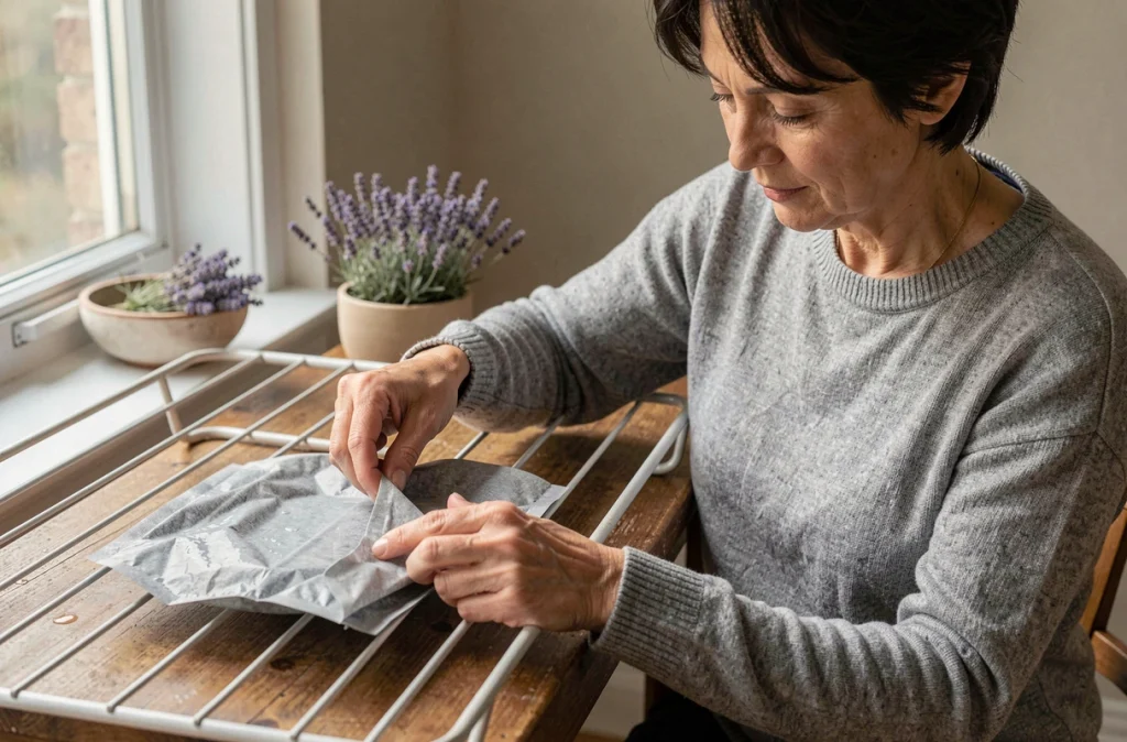 Femme remettant en forme un sachet tissu humide sur un séchoir plat en bois après lavage pour éviter la déformation