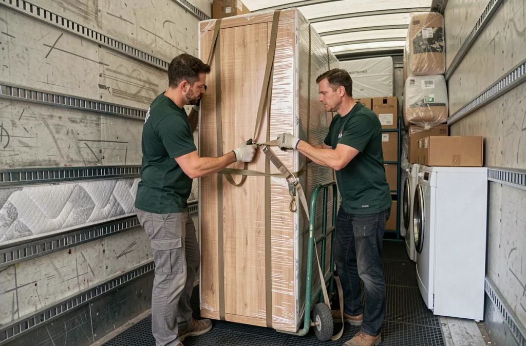 Deux déménageurs fixant une armoire avec des sangles dans un camion optimisé