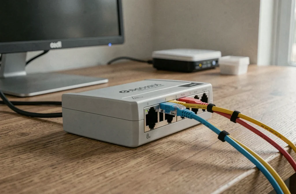 Switch réseau RJ45 8 ports avec câbles ethernet organisés sur un bureau de home office moderne