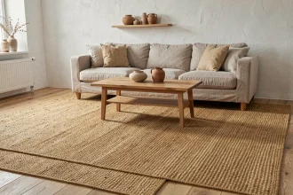 Tapis en jute naturel dans un salon scandinave avec canapé en lin et plancher en chêne
